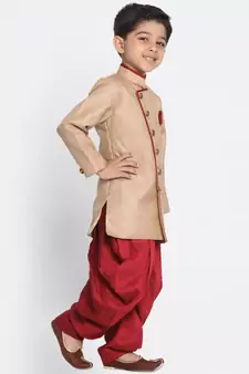  Biscuit And Maroon Cotton Blend Indowestern Sherwani And Dhoti Set