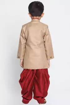 Biscuit And Maroon Cotton Blend Indowestern Sherwani And Dhoti Set