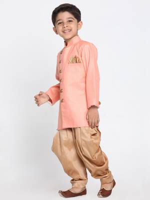  Pink And Rose Gold Cotton Blend Indowestern Sherwani And Dhoti Set 2