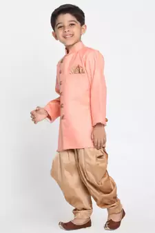  Pink And Rose Gold Cotton Blend Indowestern Sherwani And Dhoti Set