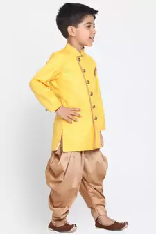  Yellow And Rose Gold Cotton Blend Indowestern Sherwani And Dhoti Set