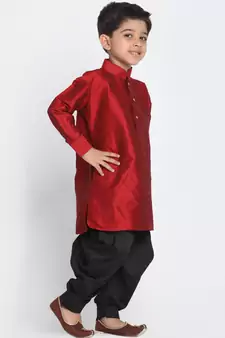 Maroon Printed Silk Blend -Dhoti-Kurta
