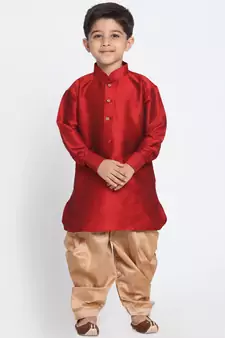 Maroon Printed Silk Blend Boys Dhoti Kurta