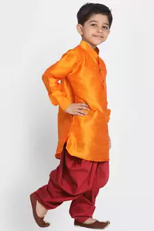 Orange Printed Silk Blend -Dhoti-Kurta