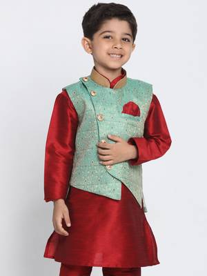 Boys Mint Green Silk Blend Nehru Jacket 1