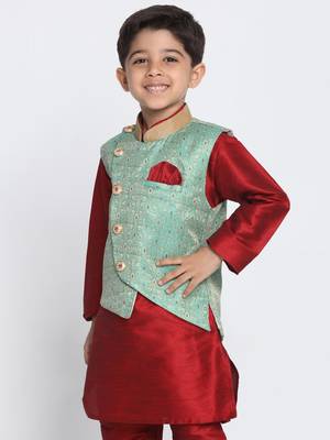 Boys Mint Green Silk Blend Nehru Jacket 2