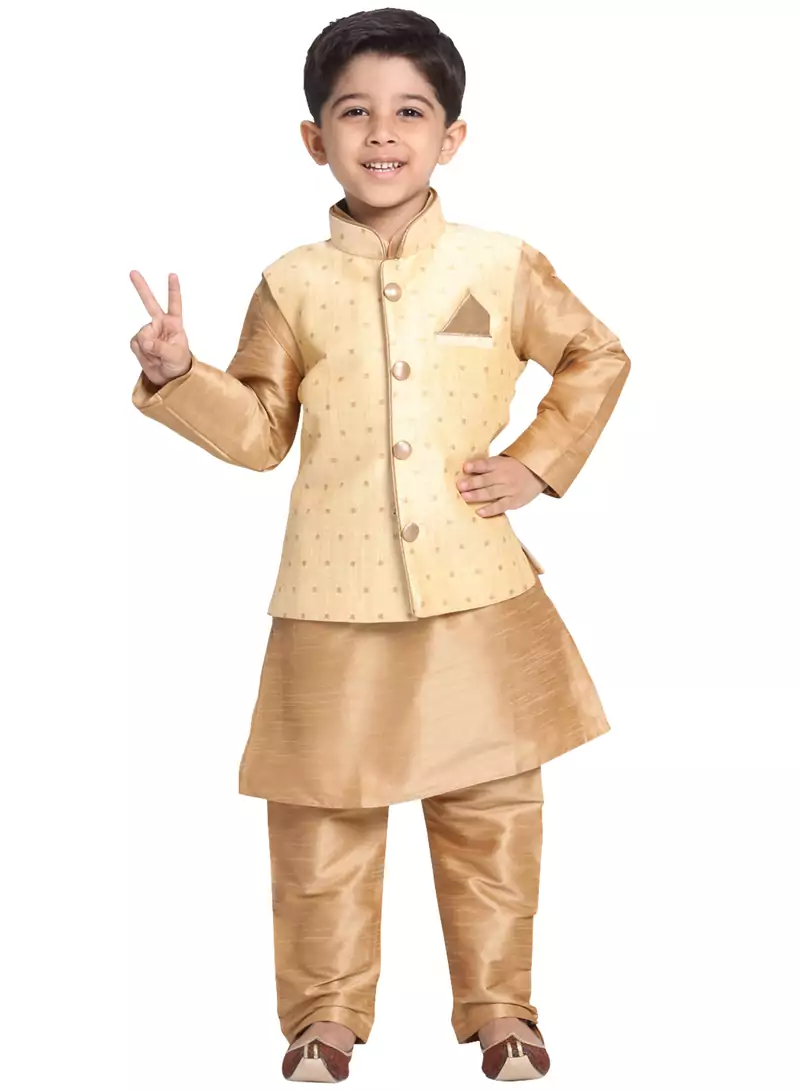 Gold Printed Blended Cotton Boys-Nehru-Jacket