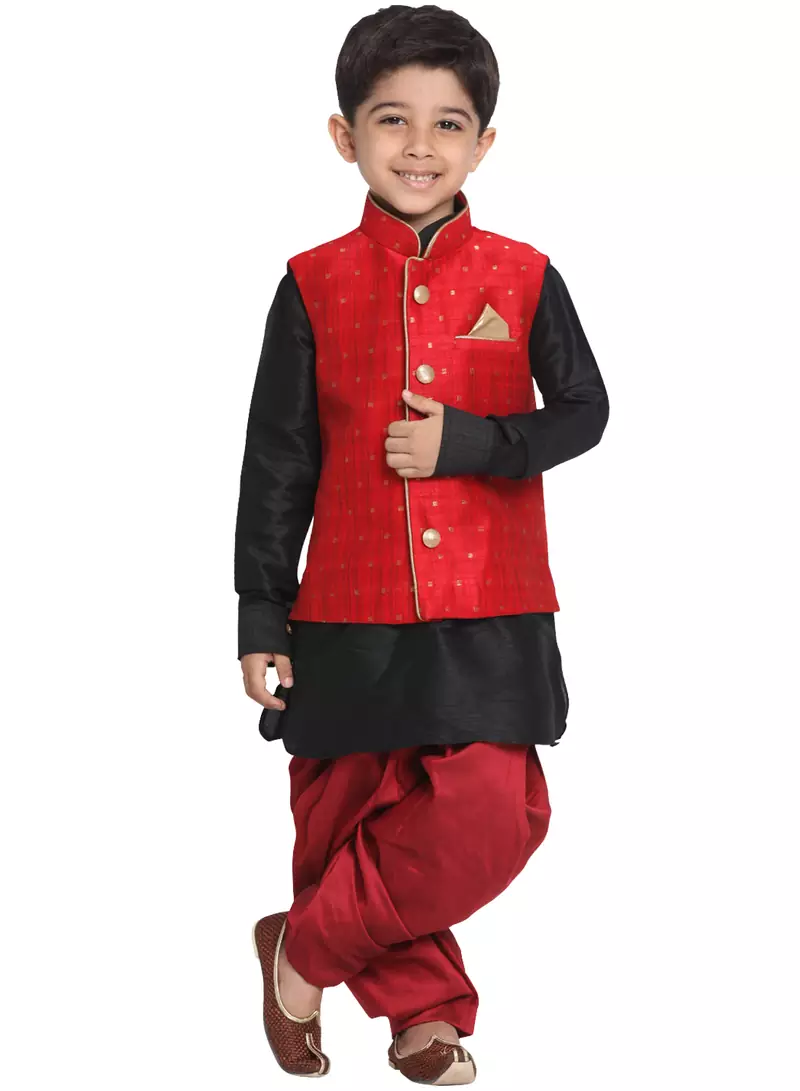 Maroon Printed Blended Cotton Boys-Nehru-Jacket