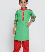  Parrot Green And Red Cotton Pathani Kurta Set