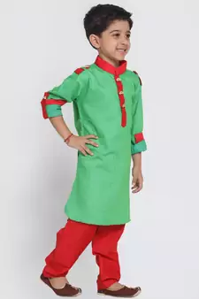  Parrot Green And Red Cotton Pathani Kurta Set
