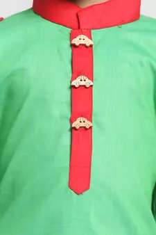  Parrot Green And Red Cotton Pathani Kurta Set