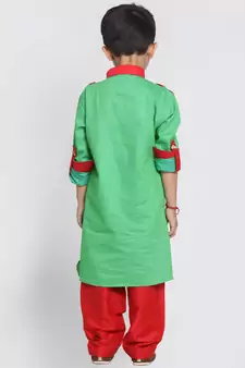  Parrot Green And Red Cotton Pathani Kurta Set