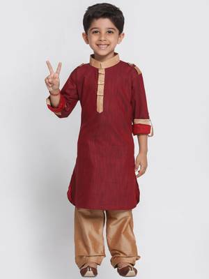  Maroon And Rose Gold Cotton Pathani Kurta Set 1