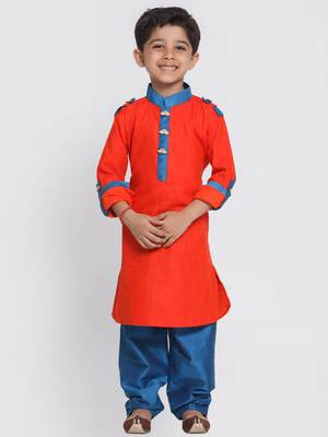 Boys Red And Turquoise Cotton Pathani Kurta Set 1