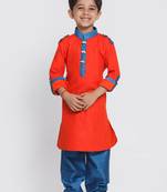 Boys Red And Turquoise Cotton Pathani Kurta Set