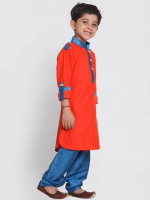 Boys Red And Turquoise Cotton Pathani Kurta Set 2