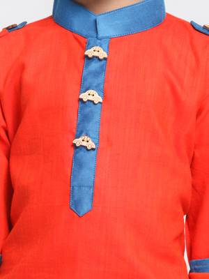 Boys Red And Turquoise Cotton Pathani Kurta Set 3