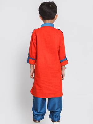 Boys Red And Turquoise Cotton Pathani Kurta Set 4
