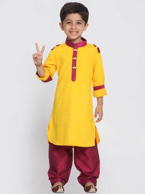 Yellow And Maroon Cotton Pathani Kurta Set 1