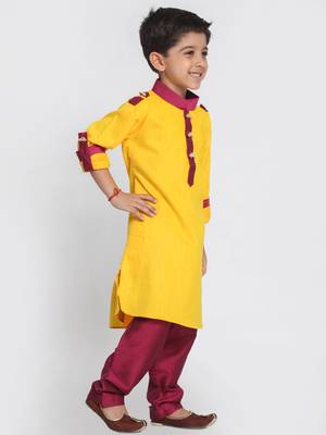  Yellow And Maroon Cotton Pathani Kurta Set 2