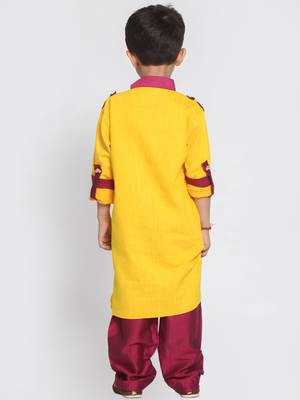  Yellow And Maroon Cotton Pathani Kurta Set 4