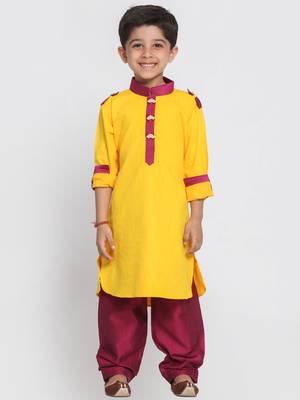  Yellow And Maroon Cotton Pathani Kurta Set 5