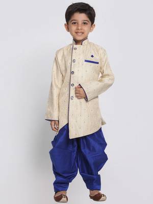 Boys Beige And Royal Blue Silk Blend Indowestern Sherwani And Dhoti Set 1