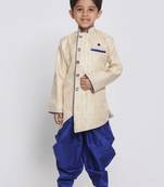 Boys Beige And Royal Blue Silk Blend Indowestern Sherwani And Dhoti Set