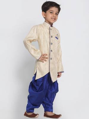 Boys Beige And Royal Blue Silk Blend Indowestern Sherwani And Dhoti Set 2