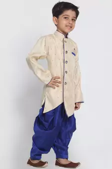 Boys Beige And Royal Blue Silk Blend Indowestern Sherwani And Dhoti Set