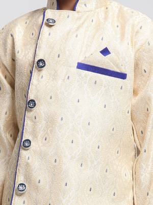 Boys Beige And Royal Blue Silk Blend Indowestern Sherwani And Dhoti Set 3