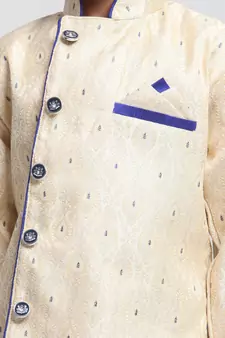 Boys Beige And Royal Blue Silk Blend Indowestern Sherwani And Dhoti Set