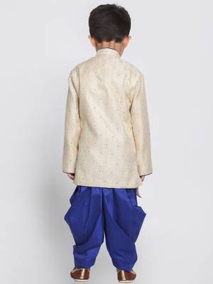Boys Beige And Royal Blue Silk Blend Indowestern Sherwani And Dhoti Set 4