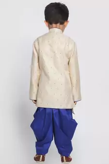 Boys Beige And Royal Blue Silk Blend Indowestern Sherwani And Dhoti Set