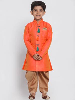Orange Woven Silk Blend Boys Sherwani 1