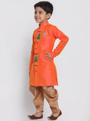 Orange Woven Silk Blend Boys Sherwani 2