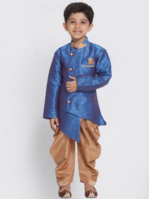  Azure And Rose Gold Silk Blend Indowestern Sherwani And Dhoti Set 1