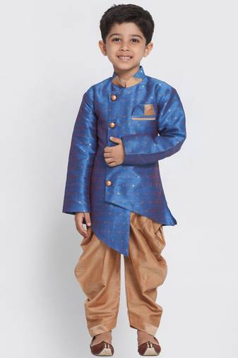 Boys Azure And Rose Gold Silk Blend Indowestern Sherwani And Dhoti Set