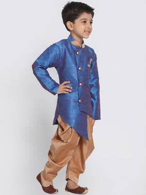  Azure And Rose Gold Silk Blend Indowestern Sherwani And Dhoti Set 2