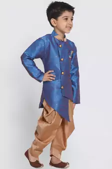  Azure And Rose Gold Silk Blend Indowestern Sherwani And Dhoti Set