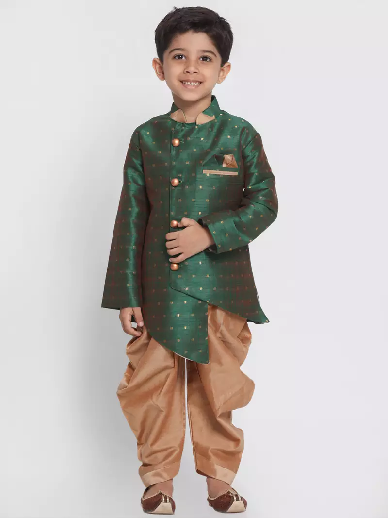 Green Woven Silk Blend Boys-Sherwani