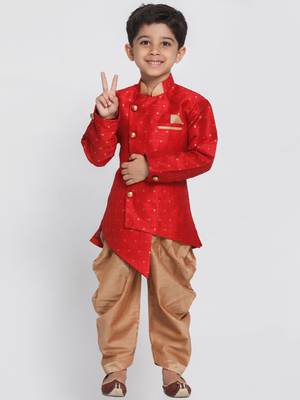  Maroon And Rose Gold Silk Blend Indowestern Sherwani And Dhoti Set 1