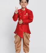  Maroon And Rose Gold Silk Blend Indowestern Sherwani And Dhoti Set