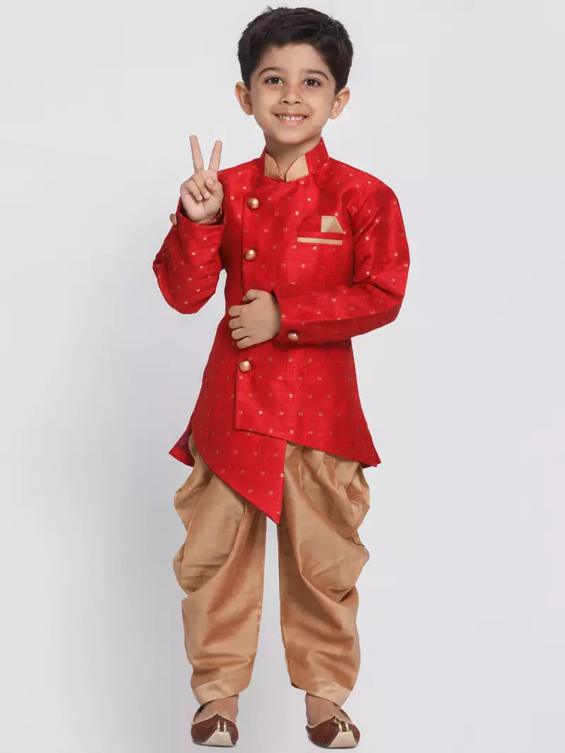 Maroon Woven Silk Blend Boys-Sherwani