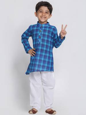 Blue Printed Cotton Boys Kurta Pyjama 1