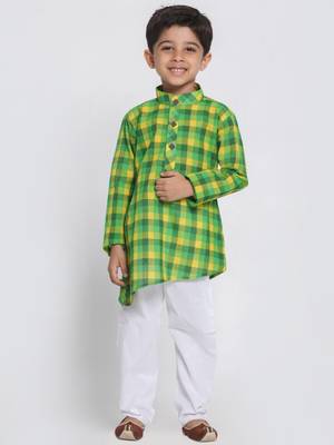Green Printed Cotton Boys Kurta Pyjama 1