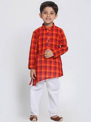 Red Printed Cotton Boys-Kurta-Pyjama 1