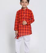 Red Printed Cotton Boys-Kurta-Pyjama
