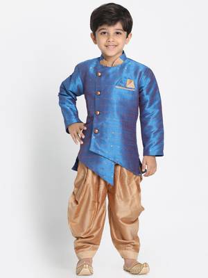  Deep Firoja And Rose Gold Silk Blend Indowestern Sherwani And Dhoti Set 1