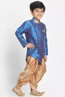  Deep Firoja And Rose Gold Silk Blend Indowestern Sherwani And Dhoti Set